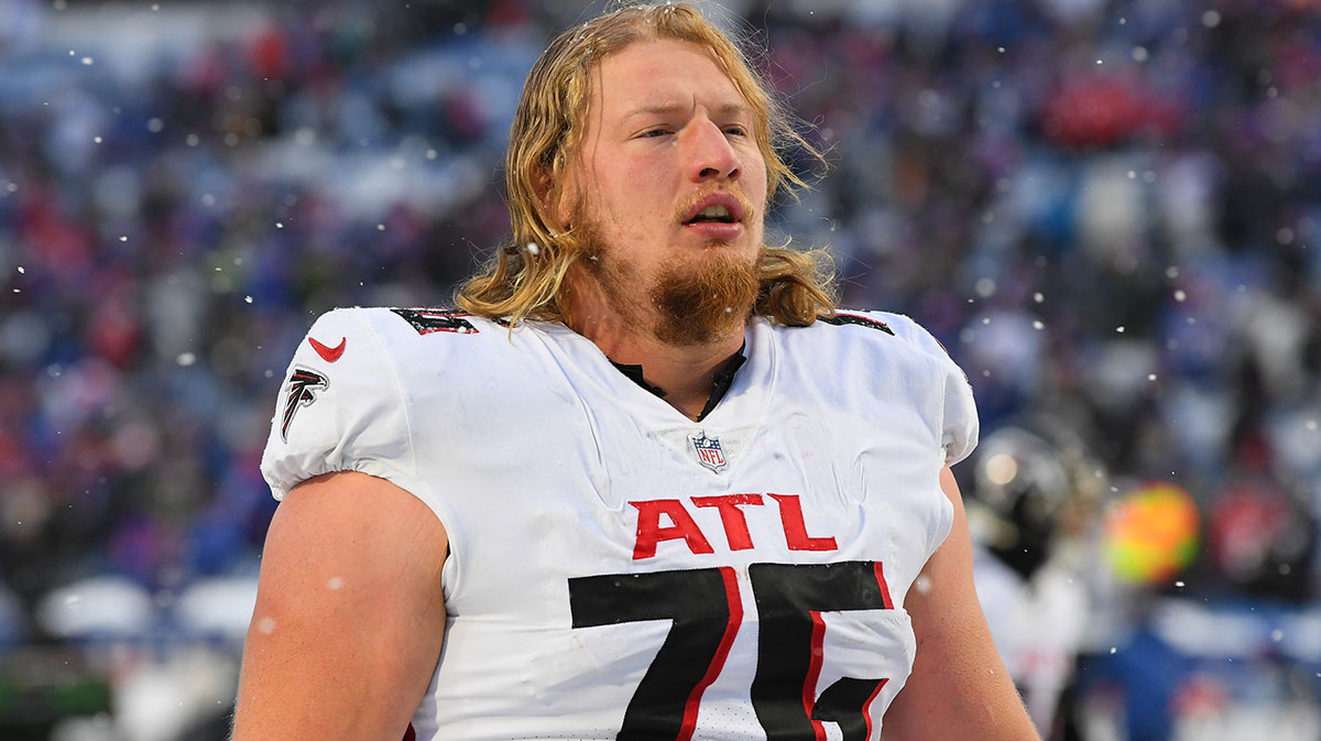Atlanta Falcons offensive tackle Kaleb McGary (76) following the game against the Buffalo Bills at Highmark Stadium.
