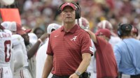 Alabama Crimson Tide head coach Kalen DeBoer looks on against the Florida State Seminoles during the second half at Doak S. Campbell Stadium.
