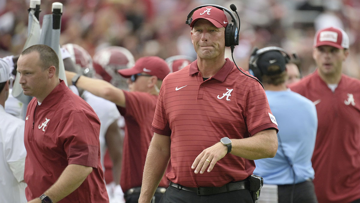 Alabama Crimson Tide head coach Kalen DeBoer looks on against the Florida State Seminoles during the second half at Doak S. Campbell Stadium
