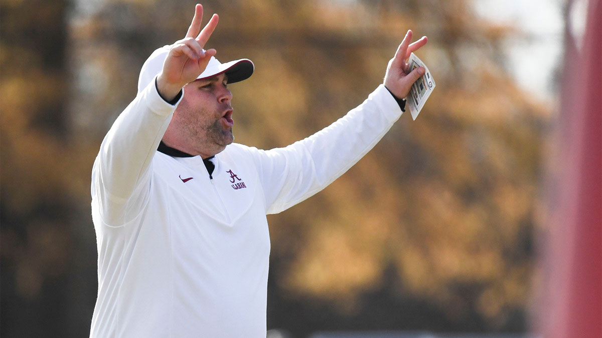 Mar 6, 2024; Tuscaloosa, Alabama, USA; Defensive coordinator Kane Wommack gives directions during practice of the Alabama Crimson Tide football team Wednesday.