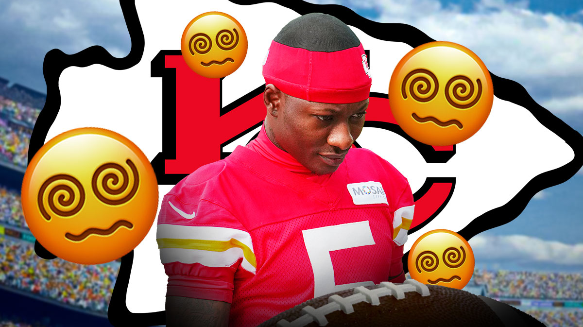 Hollywood Brown in the middle with 😵 emojis around him, Kansas City Chiefs logo in the background