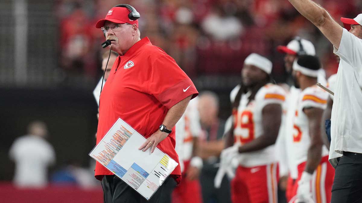 Kansas City Chiefs head coach Andy Reid walks the sidelines during their preseason game against the Arizona Cardinals at State Farm Stadium on Aug. 9, 2025.