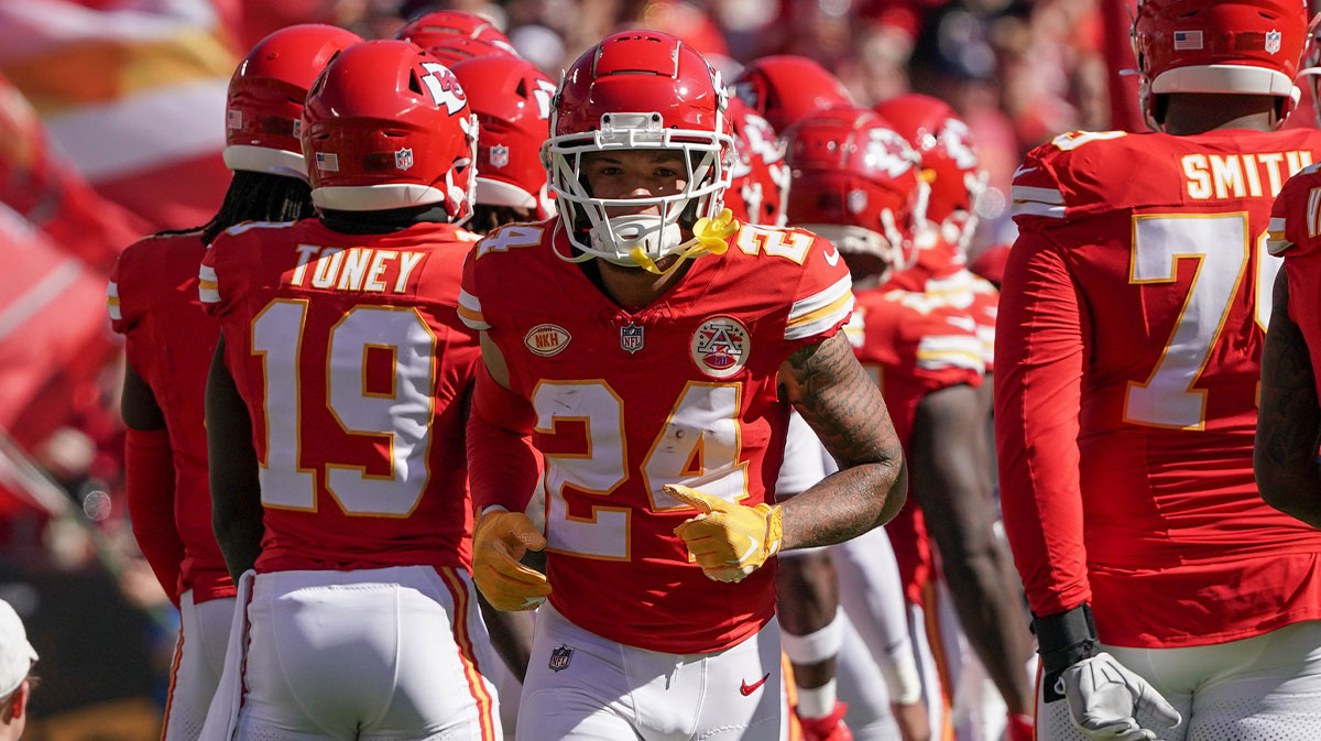 Kansas City Chiefs wide receiver Skyy Moore (24) runs on field against the Chicago Bears prior to a game at GEHA Field at Arrowhead Stadium.