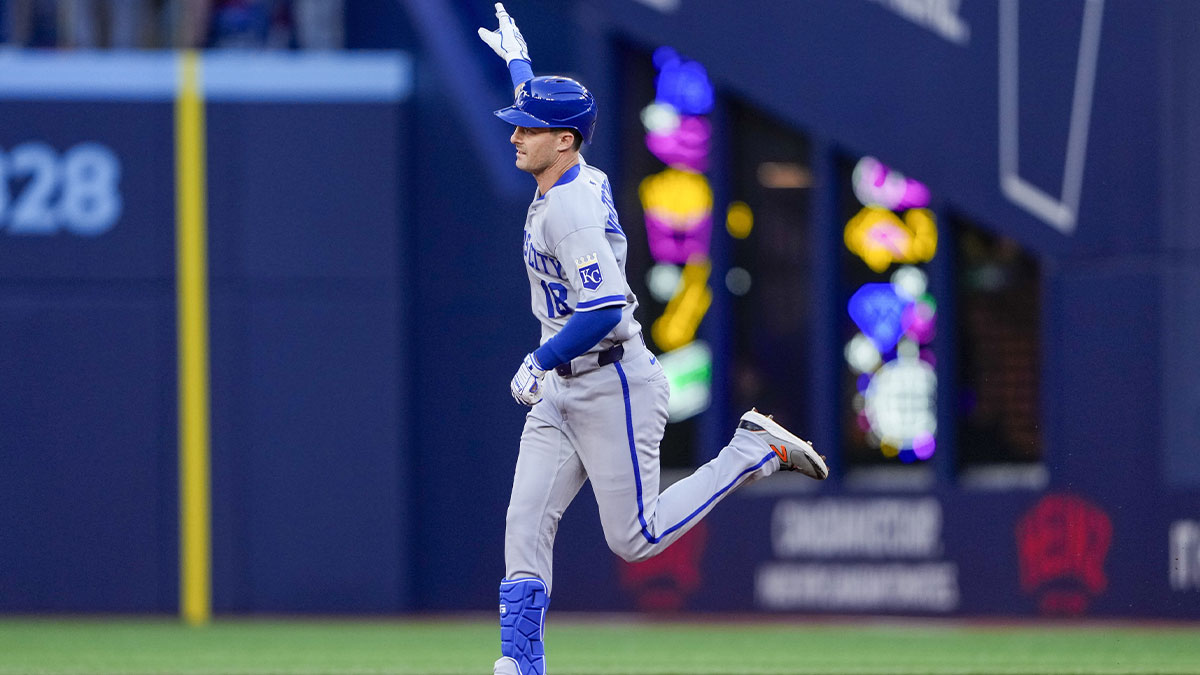 Kansas City Royals right fielder Mike Yastrzemski (18) points up to the sky after hitting a home run against the Toronto Blue Jays during the second inning at Rogers Centre.