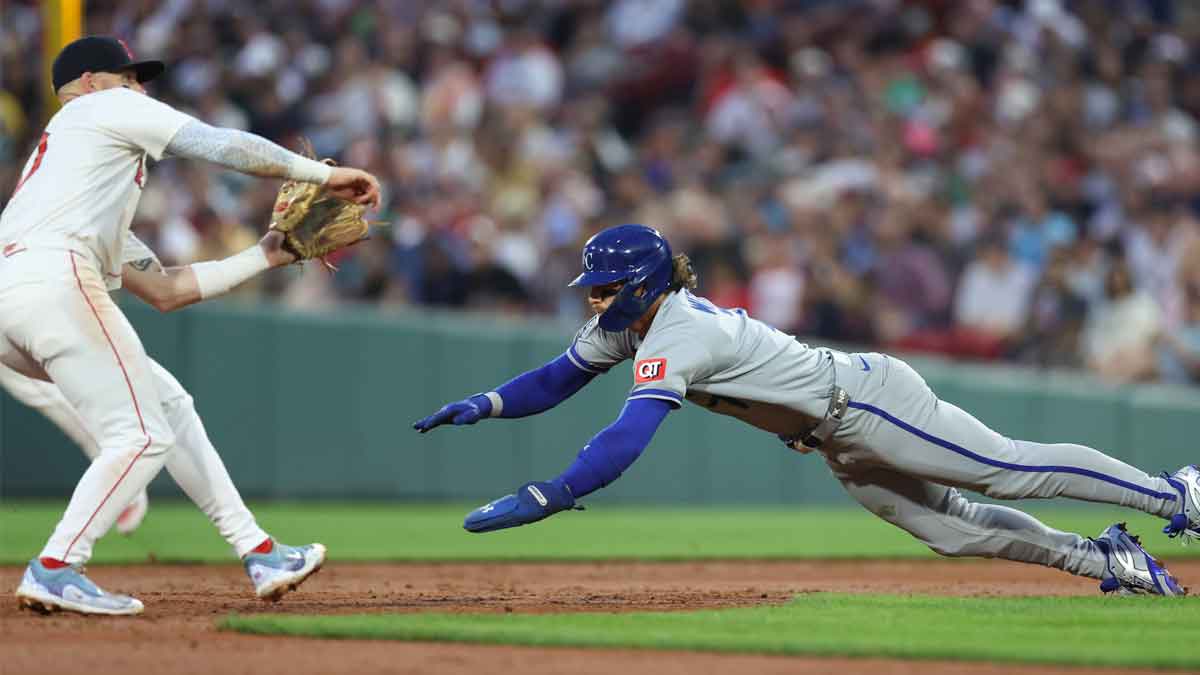 Kansas City Royals shortstop Bobby Witt Jr (7) steals second base during the second inning against the Boston Red Sox at Fenway Park.
