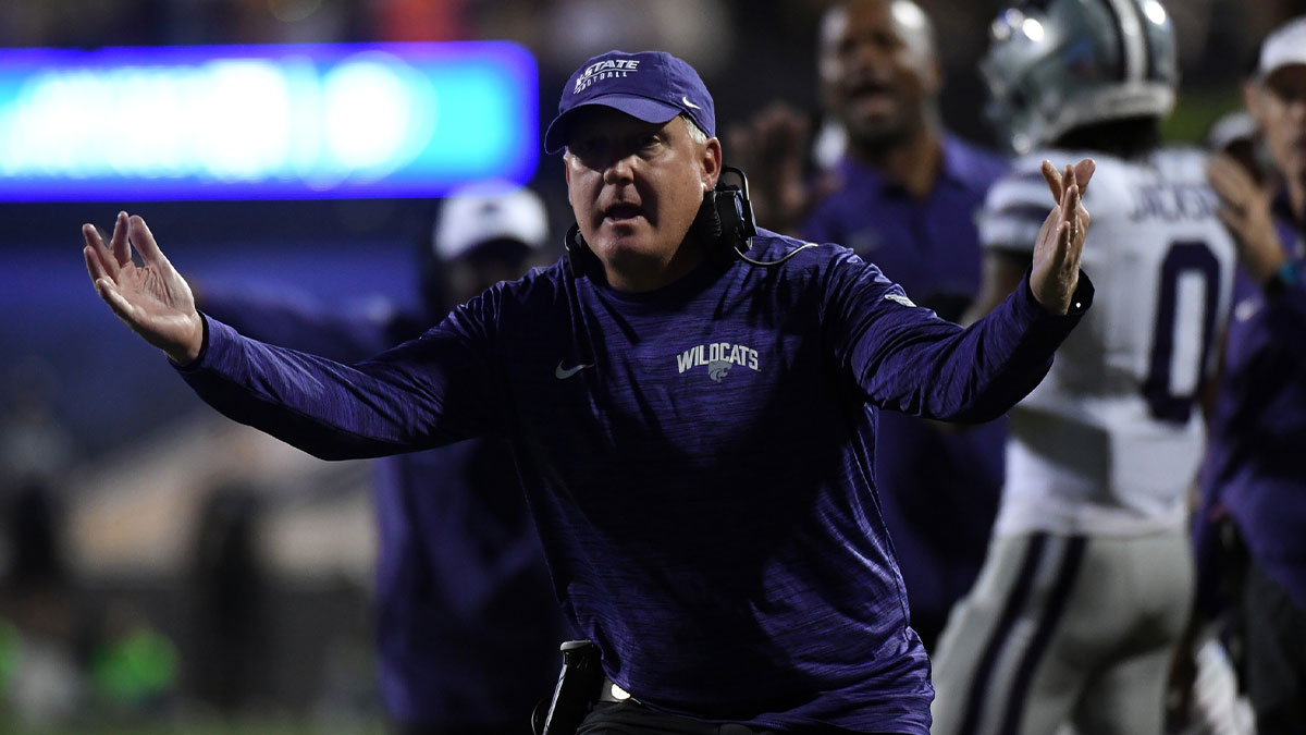 Kansas State Wildcats head coach Chris Klieman celebrates after a touchdown during the first half against the Colorado Buffaloes at Folsom Field.