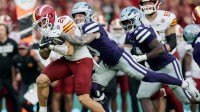 Iowa State player Carson Hansen is defended by Gunner Maldonado of Kansas State during the Aer Lingus Classic between Iowa State and Kansas State at Aviva Stadium. Mandatory Credit: Laszlo Geczo/INPHO via Imagn Images