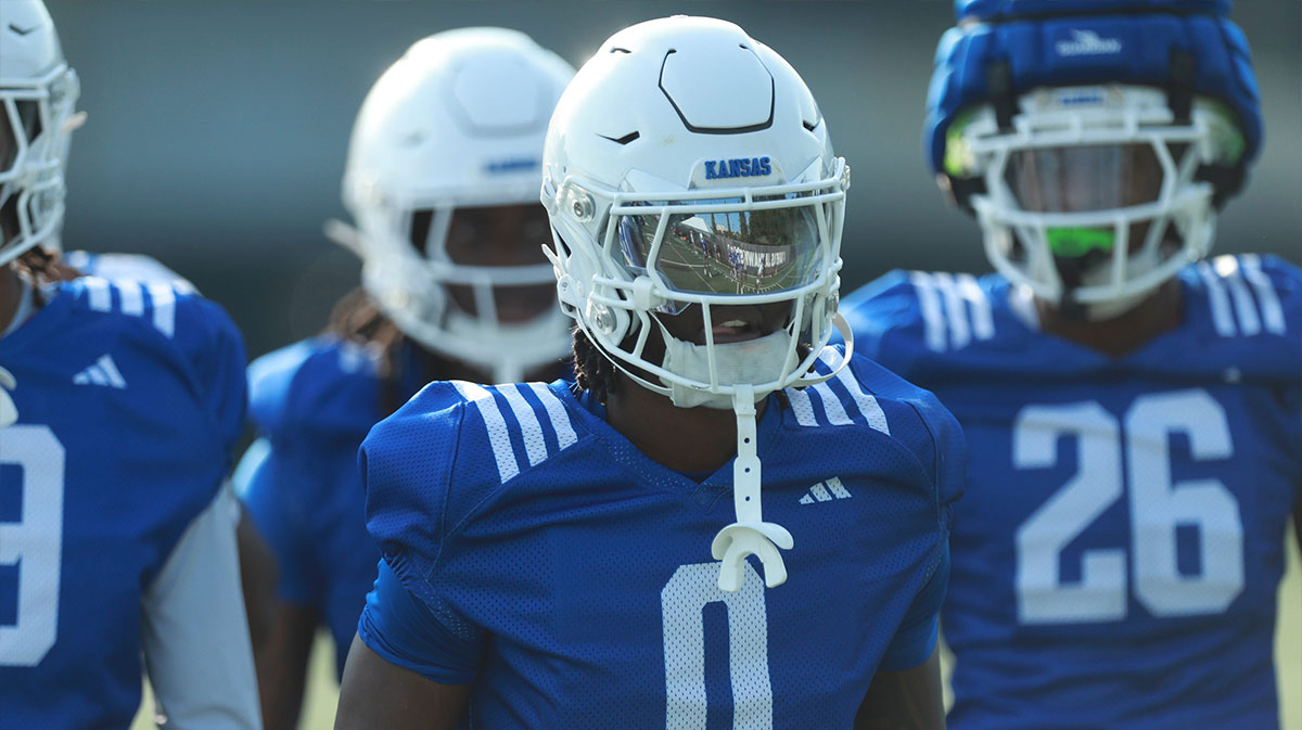 Kansas redshirt freshman cornerback Austin Alexander (0) works through drills during practice at the Murfin Family Practice Fields on Aug. 8, 2025. © Evert Nelson/The Capital-Journal / USA TODAY NETWORK via Imagn Images