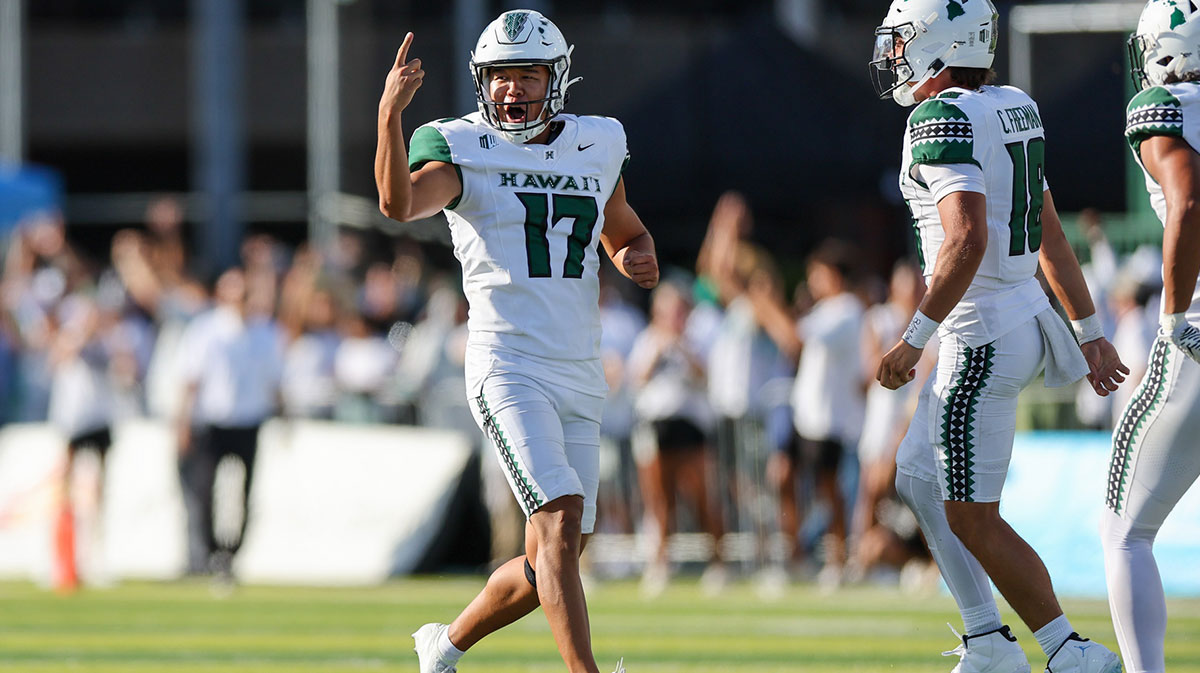 Hawaii Rainbow Warriors placekicker Kansei Matsuzawa (17) reacts after making the winning field goal over the Stanford Cardinal during the second half at Clarence T.C. Ching Athletics Complex.