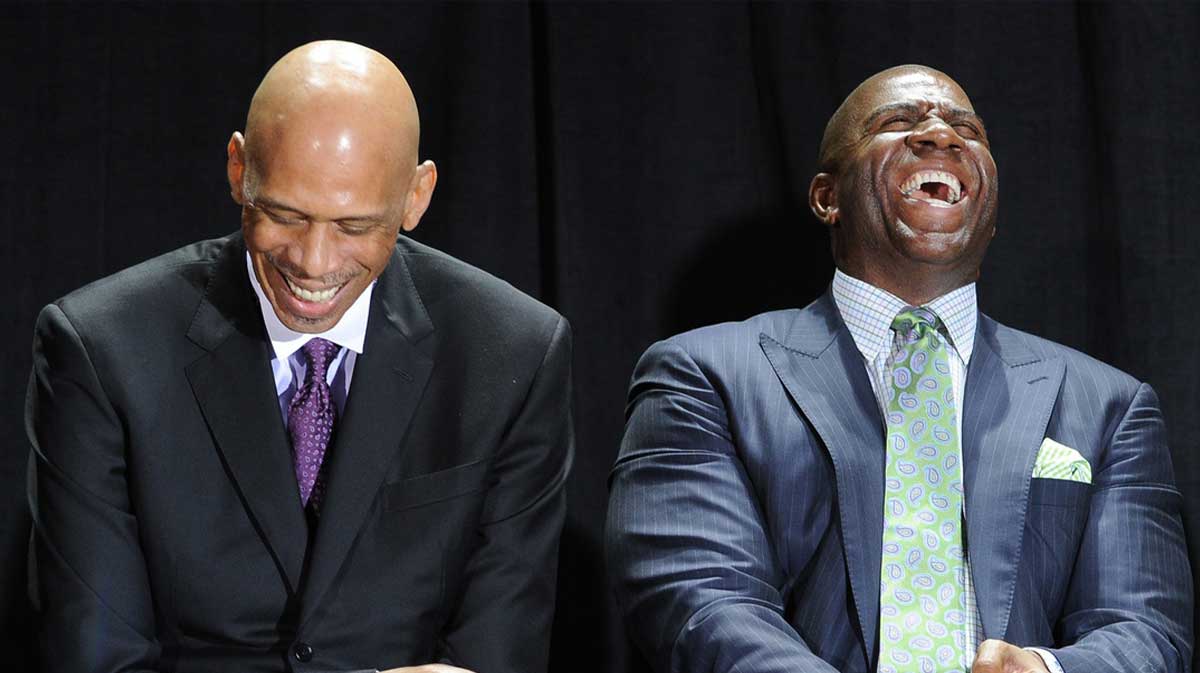 NBA players Kareem Abdul-Jabbar and Irvin "Magic" Johnson on stage during the ceremony unveiling the Kareem Abdul-Jabbar statue in front of the Staples Center.