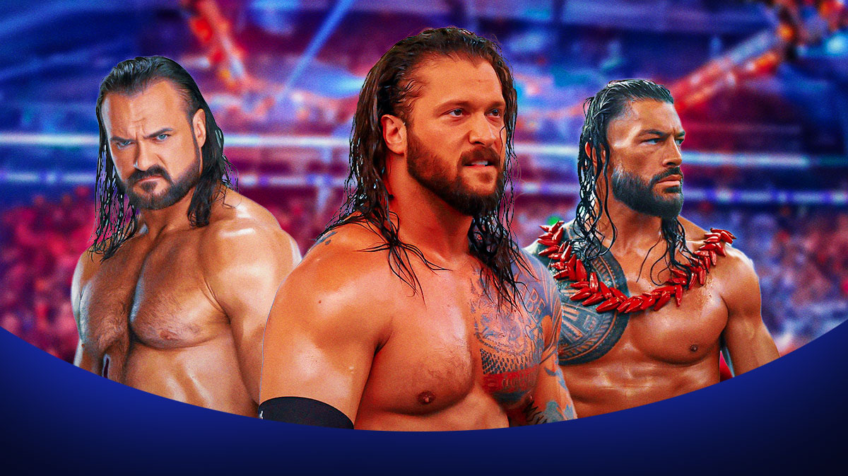 WWE stars Drew McIntyre, Karrion Kross, and Roman Reigns.
