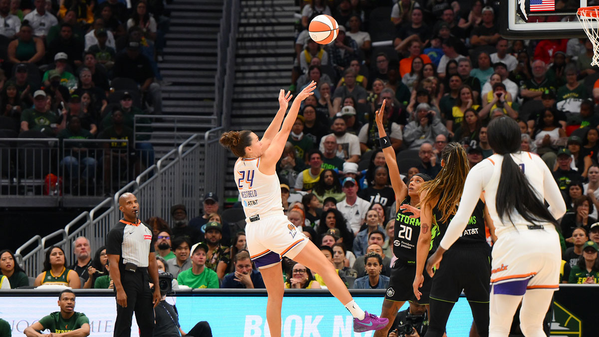 Phoenix Mercury forward Kathryn Westbeld (24) shoots the ball against the Seattle Storm during the second half at Climate Pledge Arena.