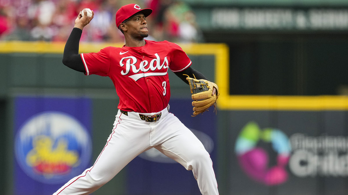 Jul 31, 2025; Cincinnati, OH, USA; Cincinnati Reds third baseman Ke'Bryan Hayes fields the ball and throws before the start of the game against the Atlanta Braves at Great American Ball Park.