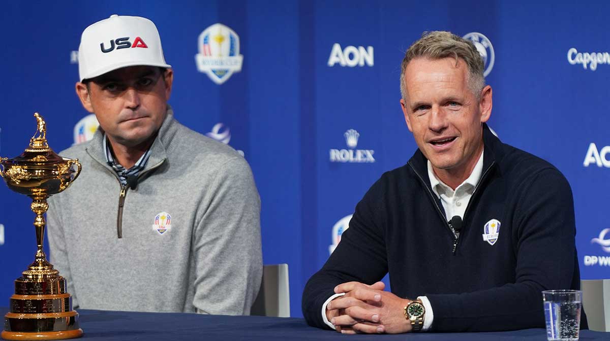 US team captain Keegan Bradley, left, and Europe team captain Luke Donald speak during a press conference at Times Center