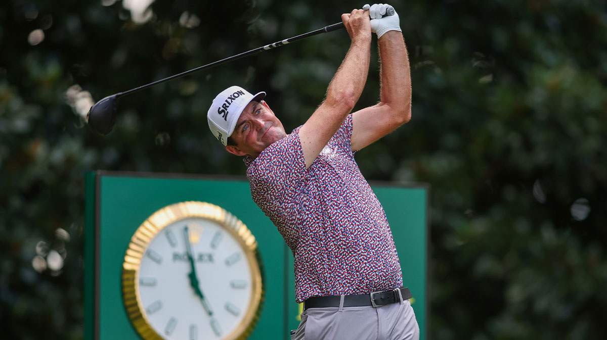 Keegan Bradley plays his shot from the 17th tee during the final round of the TOUR Championship golf tournament.