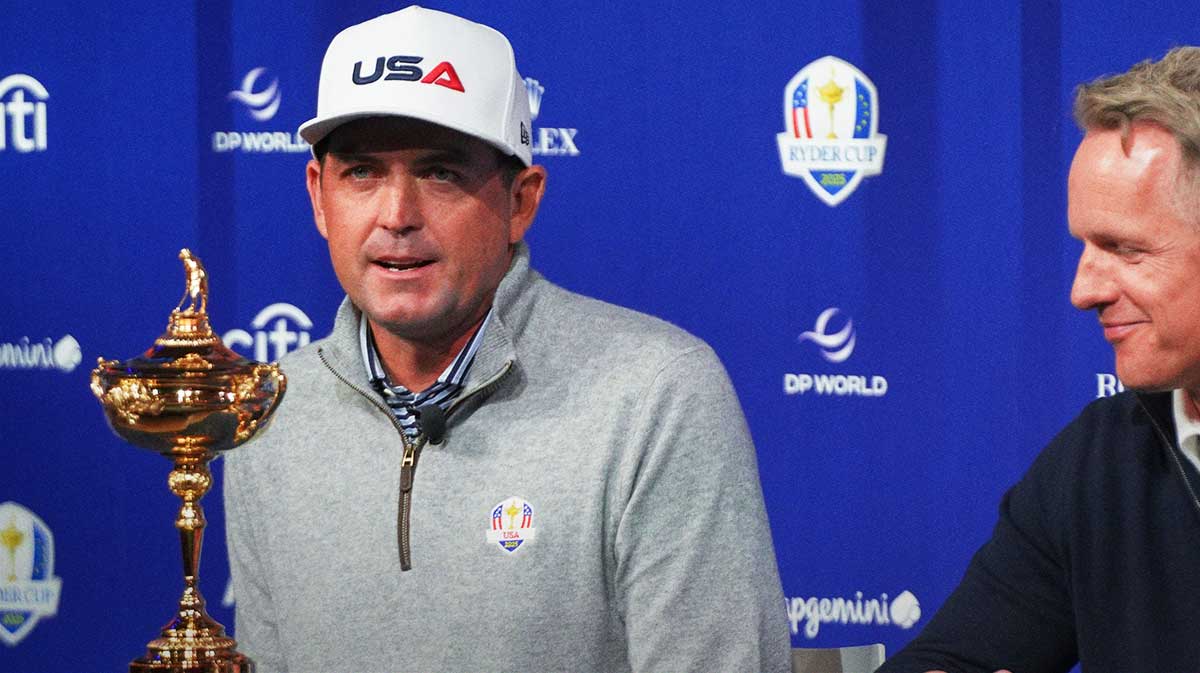 US team captain Keegan Bradley, left, and Europe team captain Luke Donald speak during a press conference at Times Center.