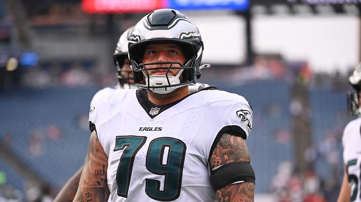 Philadelphia Eagles guard Trevor Keegan (79) warms up before a game against the New England Patriots at Gillette Stadium.