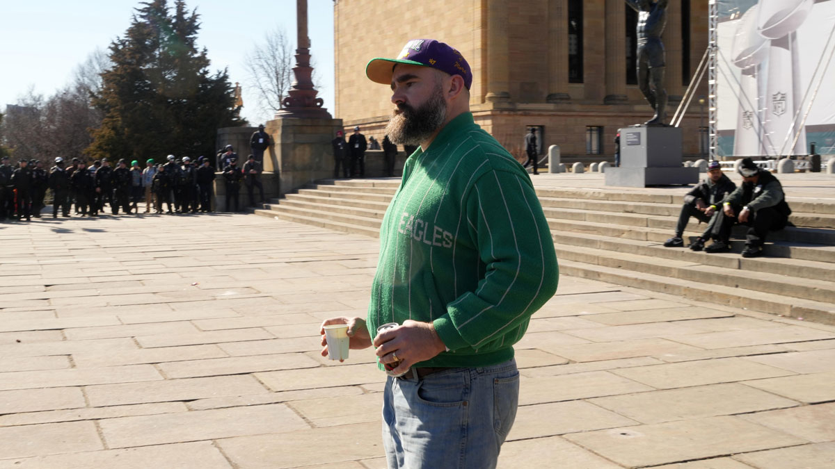 Jason Kelce attends the Philadelphia Eagles Super Bowl LIX championship rally at the Philadelphia Museum of Art.