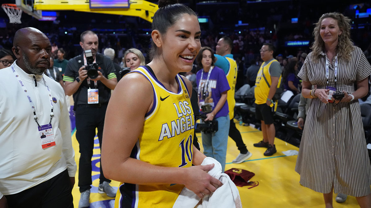 LA Sparks guard Kelsey Plum (10) reacts after the game against the Indiana Fever at the Crypto.com Arena.