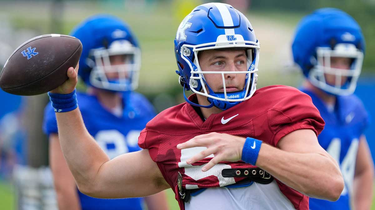 Kentucky Wildcat quarterback Zach Calzada throws during practice on Friday, August 1, 2025.