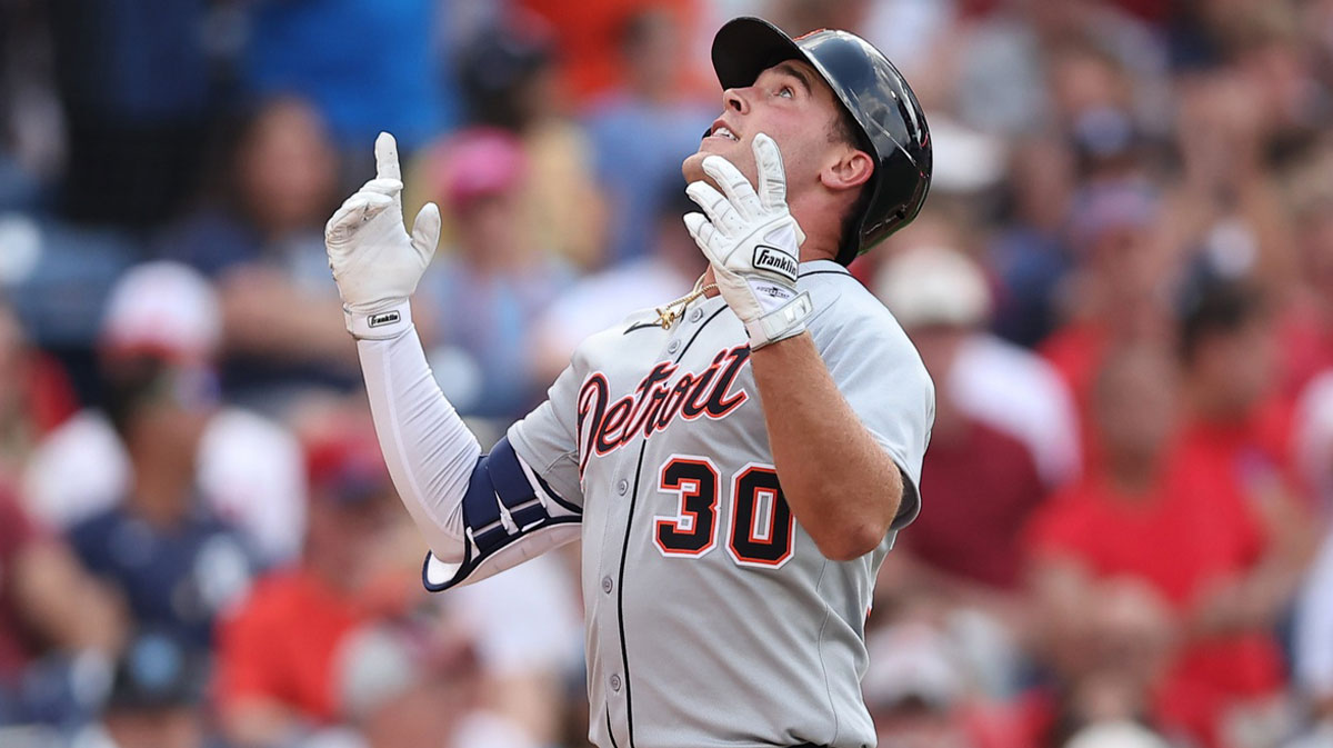 Detroit Tigers outfielder Kerry Carpenter (30) reacts after hitting a home run against the Philadelphia Phillies during the third inning at Citizens Bank Park.