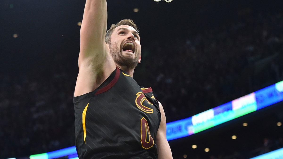 Cleveland Cavaliers forward Kevin Love (0) dunks the ball during the second half against the Boston Celtics at TD Garden.