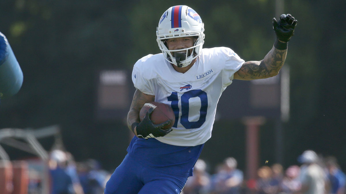 Buffalo Bills wide receiver Khalil Shakir catches a pass after running a route during the Return of the Blue & Red practice at Highmark Stadium in Orchard Park on Aug.1, 2025.