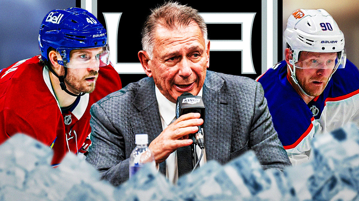 Kings GM Ken Holland with Corey Perry and Joel Armia on the outsides. LA Kings logo in the background, NHL, NHL offseason