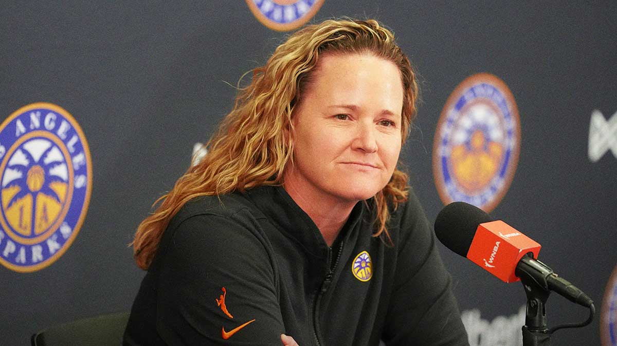 Aug 5, 2025; Los Angeles, California, USA; LA Sparks coach Lynne Roberts at press conference at the Crypto.com Arena. Mandatory Credit: Kirby Lee-Imagn Images