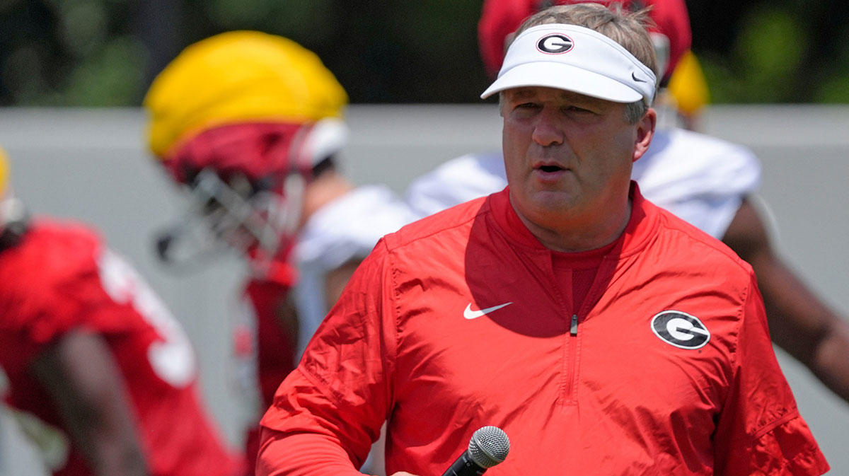 Georgia coach Kirby Smart looks on at the first day of fall practice in Athens, Georgia, on Thursday.
