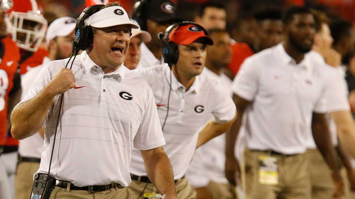 Georgia coach Kirby Smart looks on from the sideline in the second half NCAA college football game between Georgia and Samford in Athens, Ga., Saturday, Sept. 16, 2017.