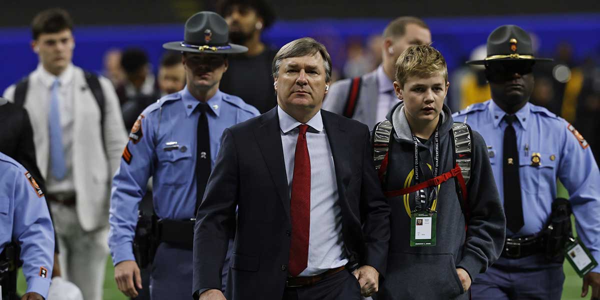 Georgia Bulldogs head coach Kirby Smart arrives before the game against the Notre Dame Fighting Irish at Caesars Superdome.