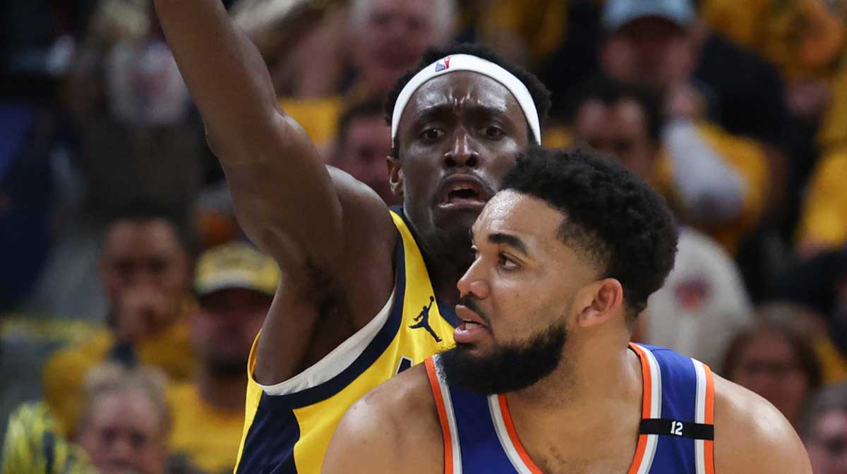 Indiana Pacers forward Pascal Siakam (43) defends against New York Knicks center Karl-Anthony Towns (32) in the second quarter during game six of the eastern conference finals for the 2025 NBA Playoffs at Gainbridge Fieldhouse.