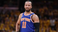 Knicks guard Jalen Brunson (11) reacts in the second quarter during game six of the eastern conference finals against the Indiana Pacers for the 2025 NBA Playoffs at Gainbridge Fieldhouse