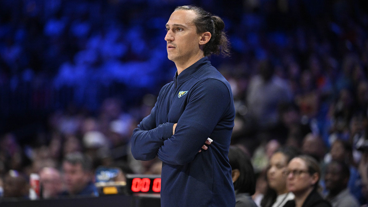 Dallas Wings head coach Chris Koclanes looks on during the second half against the New York Liberty at College Park Center.