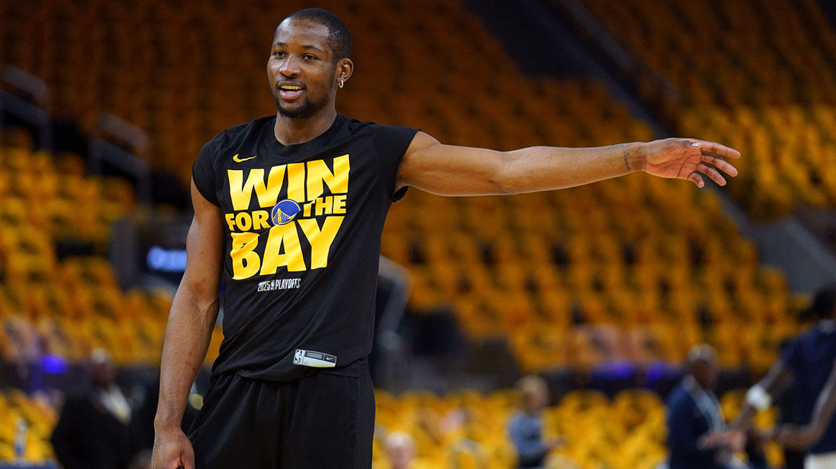 Golden State Warriors forward Jonathan Kuminga (00) stands on the court during warmups against the Minnesota Timberwolves during game four of the second round for the 2025 NBA Playoffs at Chase Center.