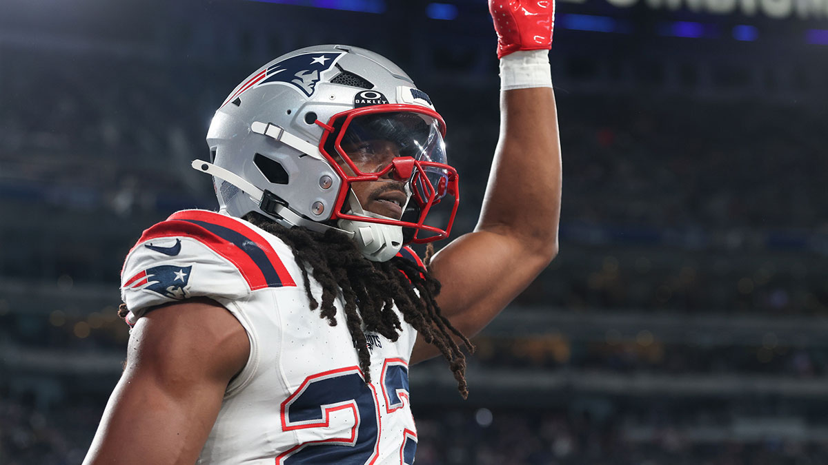 New England Patriots safety Kyle Dugger (23) reacts after intercepting a pass during the first half against the New York Giants at MetLife Stadium.