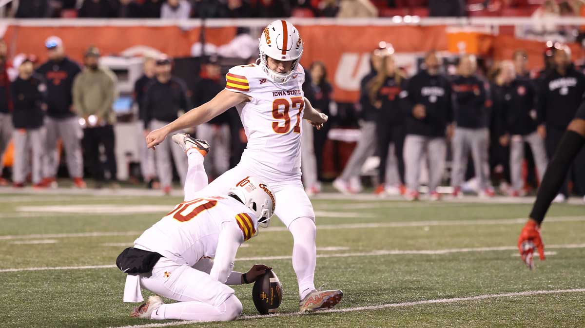 Iowa State Cyclones place kicker Kyle Konrardy (97) kicks a field goal against the Utah Utes during the second quarter at Rice-Eccles Stadium.