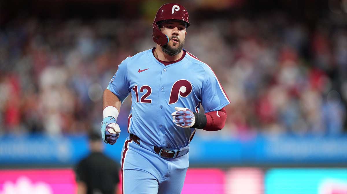 Philadelphia Phillies designated hitter Kyle Schwarber (12) rounds the bases after hitting a two-run home run against the Atlanta Braves in the fourth inning at Citizens Bank Park.