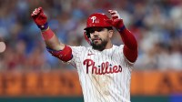 Philadelphia Phillies outfielder Kyle Schwarber (12) reacts after hitting a double against the Detroit Tigers during the sixth inning at Citizens Bank Park.