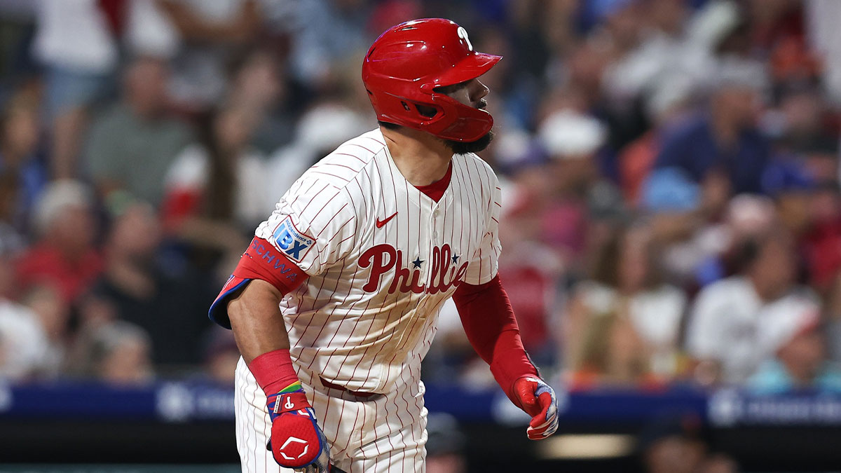 Philadelphia Phillies outfielder Kyle Schwarber (12) hits a home run during the eighth inning against the Detroit Tigers at Citizens Bank Park.