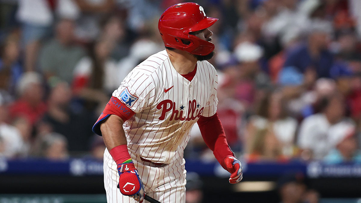 Philadelphia Phillies outfielder Kyle Schwarber (12) hits a home run during the eighth inning against the Detroit Tigers at Citizens Bank Park.