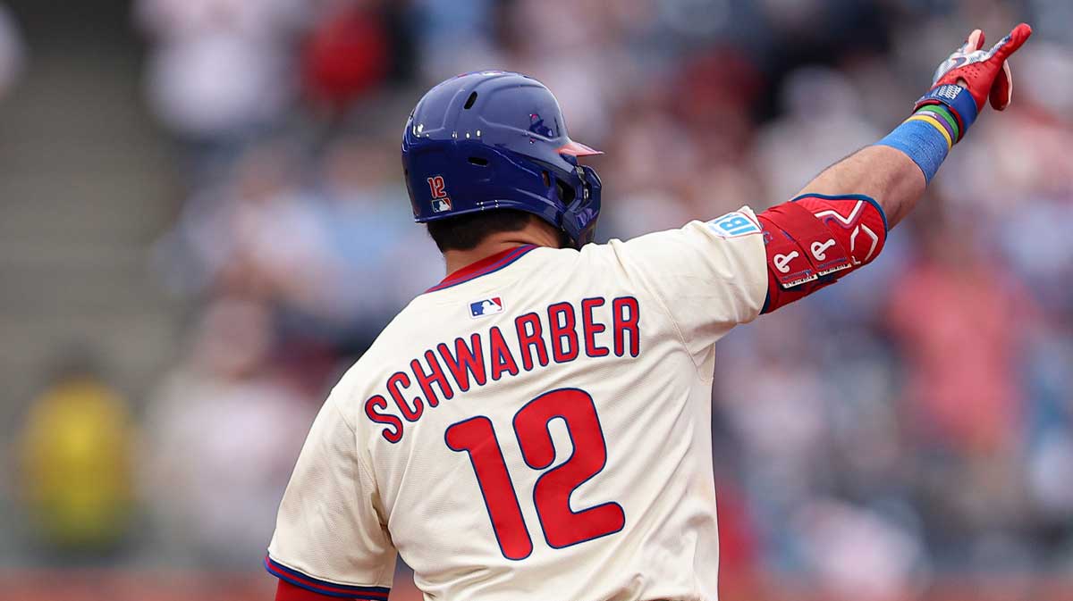 Philadelphia Phillies outfielder Kyle Schwarber (12) runs the bases after hitting a two RBI home run during the eighth inning against the Seattle Mariners at Citizens Bank Park.