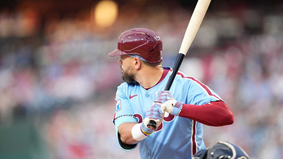 Philadelphia Phillies designated hitter Kyle Schwarber (12) bats against the Atlanta Braves in the first inning at Citizens Bank Park.