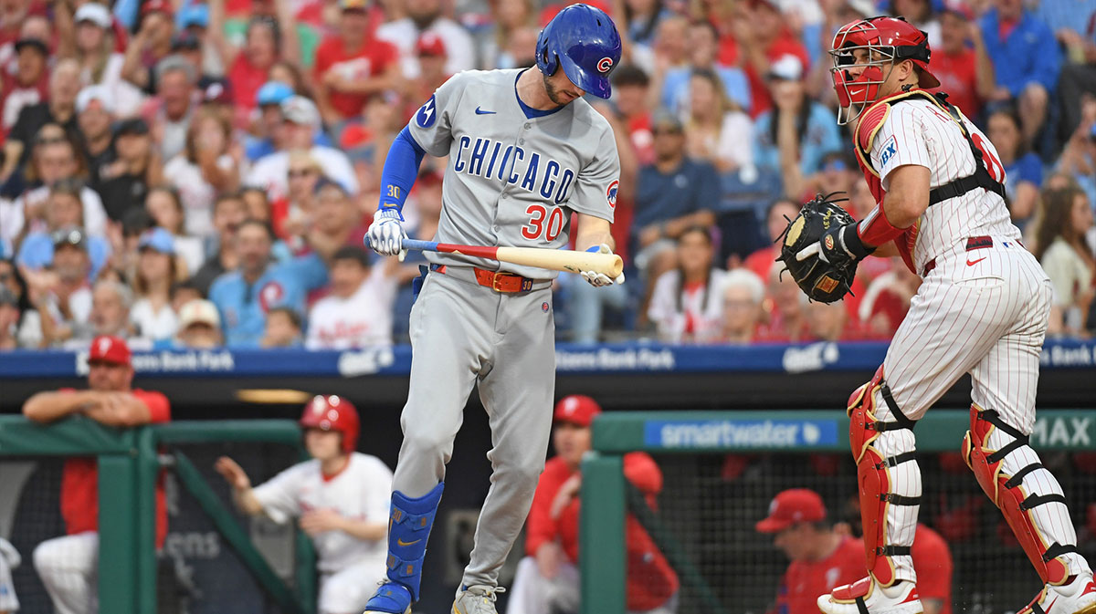 Jun 10, 2025; Philadelphia, Pennsylvania, USA; Chicago Cubs outfielder Kyle Tucker (30) reacts after striking out with the bases loaded against the Philadelphia Phillies to end the fourth inning at Citizens Bank Park. 