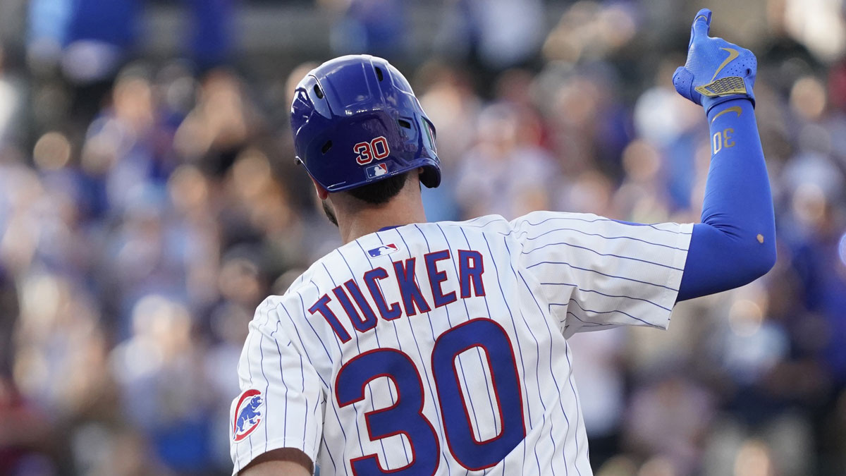 Chicago Cubs outfielder Kyle Tucker (30) gestures after hitting a home run against the Boston Red Sox during the first inning at Wrigley Field.