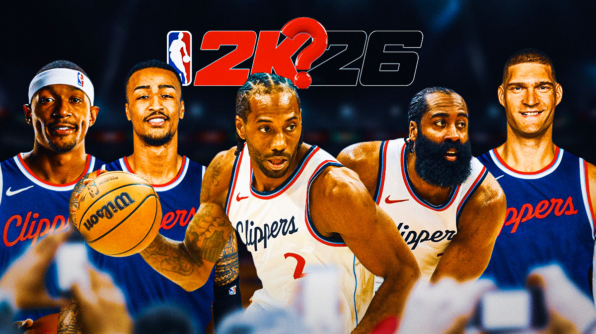 Kawhi Leonard, John Collins, James Harden, Bradley Beal, and Brook Lopez in Clippers jersey with a 2k26 logo at the top with a question mark.