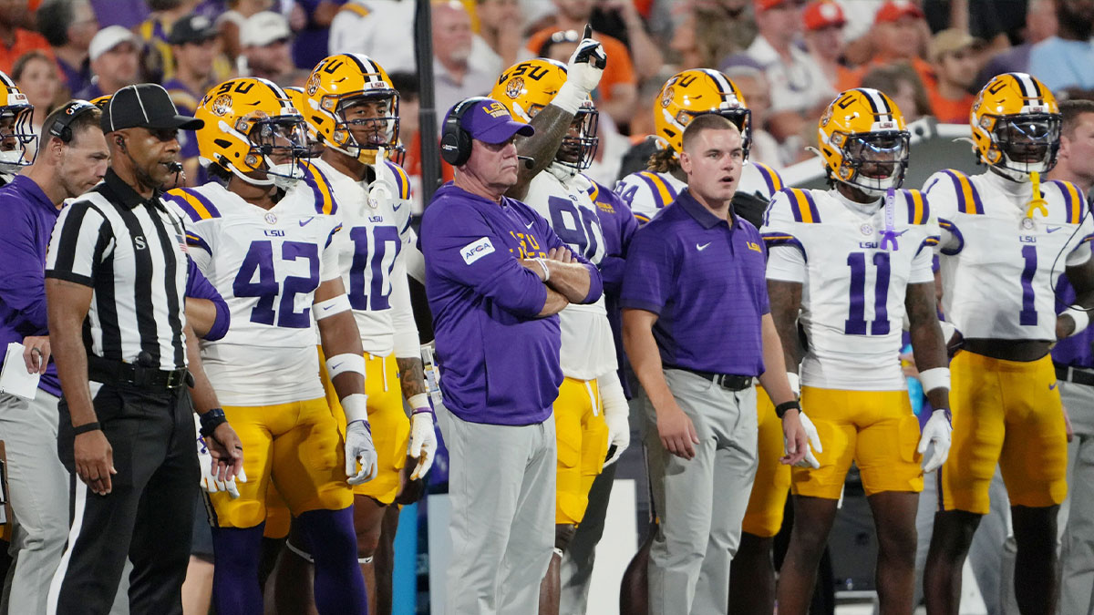 LSU Tigers head coach Brian Kelly looks on against the Clemson Tigers during the second quarter at Memorial Stadium.
