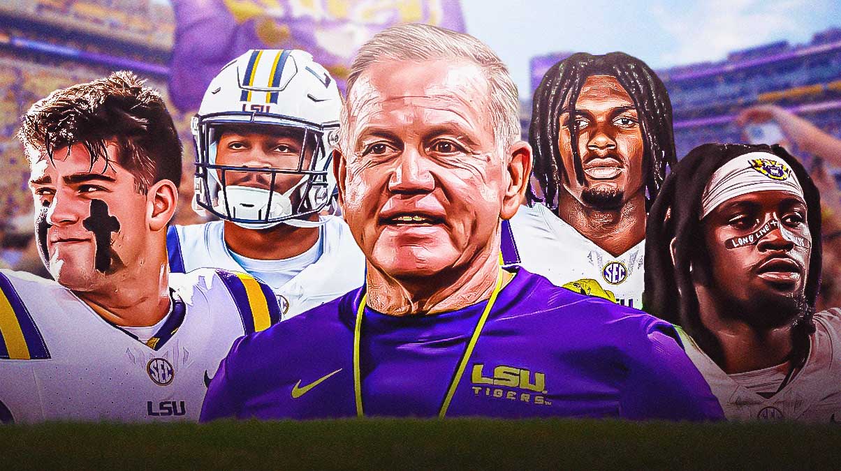 Head coach Brian Kelly in the middle, Garrett Nussmeier, Caden Durham, Aaron Anderson, Trey'Dez Green around him, LSU football fans in the background
