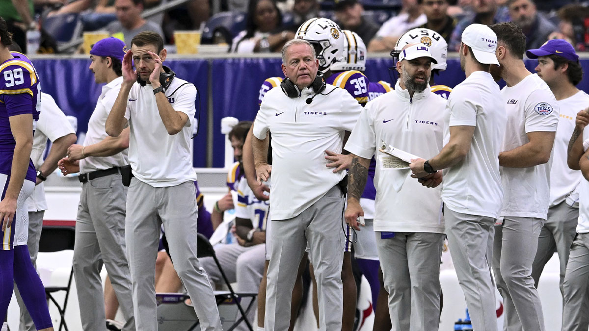 LSU Tigers head coach Brian Kelly looks on during the first half against the Baylor Bears at NRG Stadium.